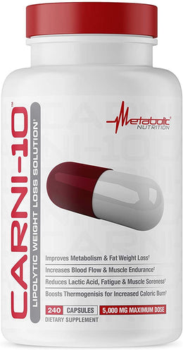 Metabolic Nutrition Carni-10 L-Carnitine Fat Burner Capsules 30 Servings - L-Carnitine Tartrate 2350mg | Svpplements