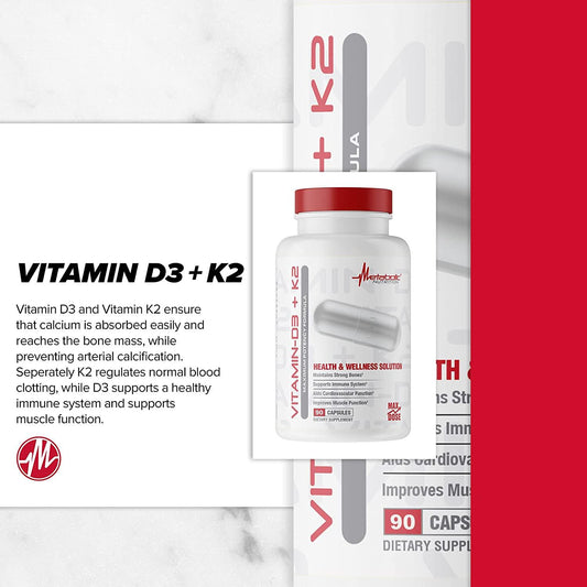 Metabolic Nutrition Vitamin D3 K2 Supplement Capsules 90 Servings Supplement Facts - Vitamin D3 175 mcg | Svpplements