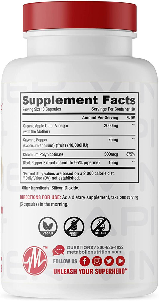 Metabolic Nutrition Apple Cider Vinegar Capsules 30 Servings Supplement Facts - Organic Apple Cider Vinegar | Svpplements