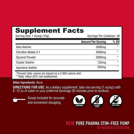 Stim-Free Pump Pre-Workout Powder 30 Servings Supplement Facts - Beta Alanine 3000mg | Svpplements