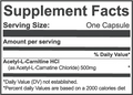 RAW Nutrition Acetyl-L-Carnitine Nootropic Capsules 60 Servings Supplement Facts - Acetyl-L-Carnitine HCl 500mg | Svpplements