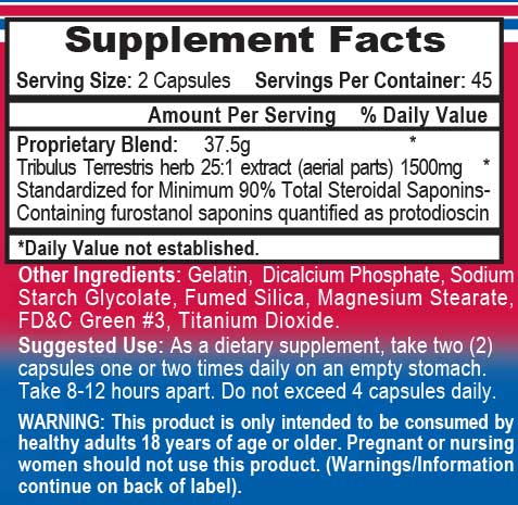APS Tribulus 1500 Hormone Support Capsules 45 Servings Supplement Facts - Tribulus Terrestris herb 25:1 | Svpplements