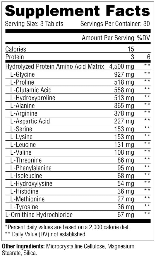 Metabolic Nutrition Amino 4500 Amino Tablets 30 Servings Supplement Facts - Hydrolyzed Protein Amino Acid | Svpplements