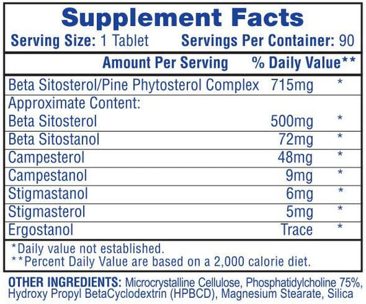 Beta Sitosterol Plant Sterol Supplement Capsules 90 Servings Supplement Facts - Beta Sitosterol 500mg | Svpplements
