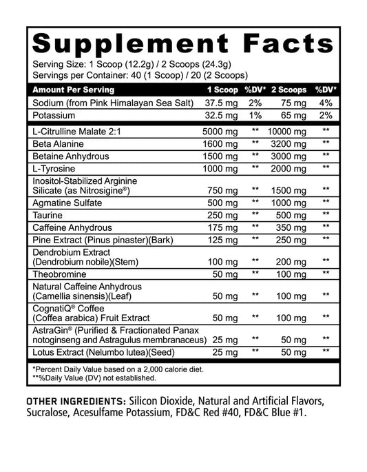 PANDA Supplements Pandamic Extreme Pre-Workout Powder 40 Servings Supplement Facts - L-Citrulline Malate 2:1 | Svpplements