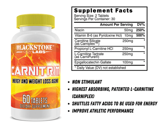 Blackstone Labs CARNITRIM Fat Burner Capsules 30 Servings Supplement Facts - Carnitine Silicate 250 mg | Svpplements