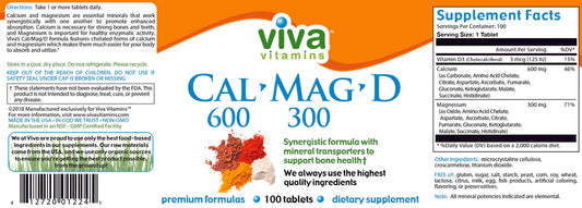 Viva Cal Mag D Magnesium & Vitamin D3 Supplement Capsules 250 Servings Supplement Facts - Magnesium 300mg | Svpplements