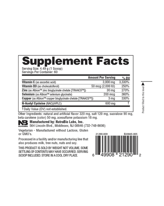 NutraBio First Response Immune Support Powder 60 Servings Supplement Facts - Vitamin C 3000mg | Svpplements