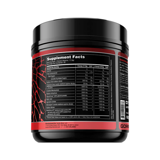 Gorilla Mode Nitric Pre-Workout Powder Moderate Stim 30 Servings Supplement Facts - L-Citrulline 5000mg | Svpplements