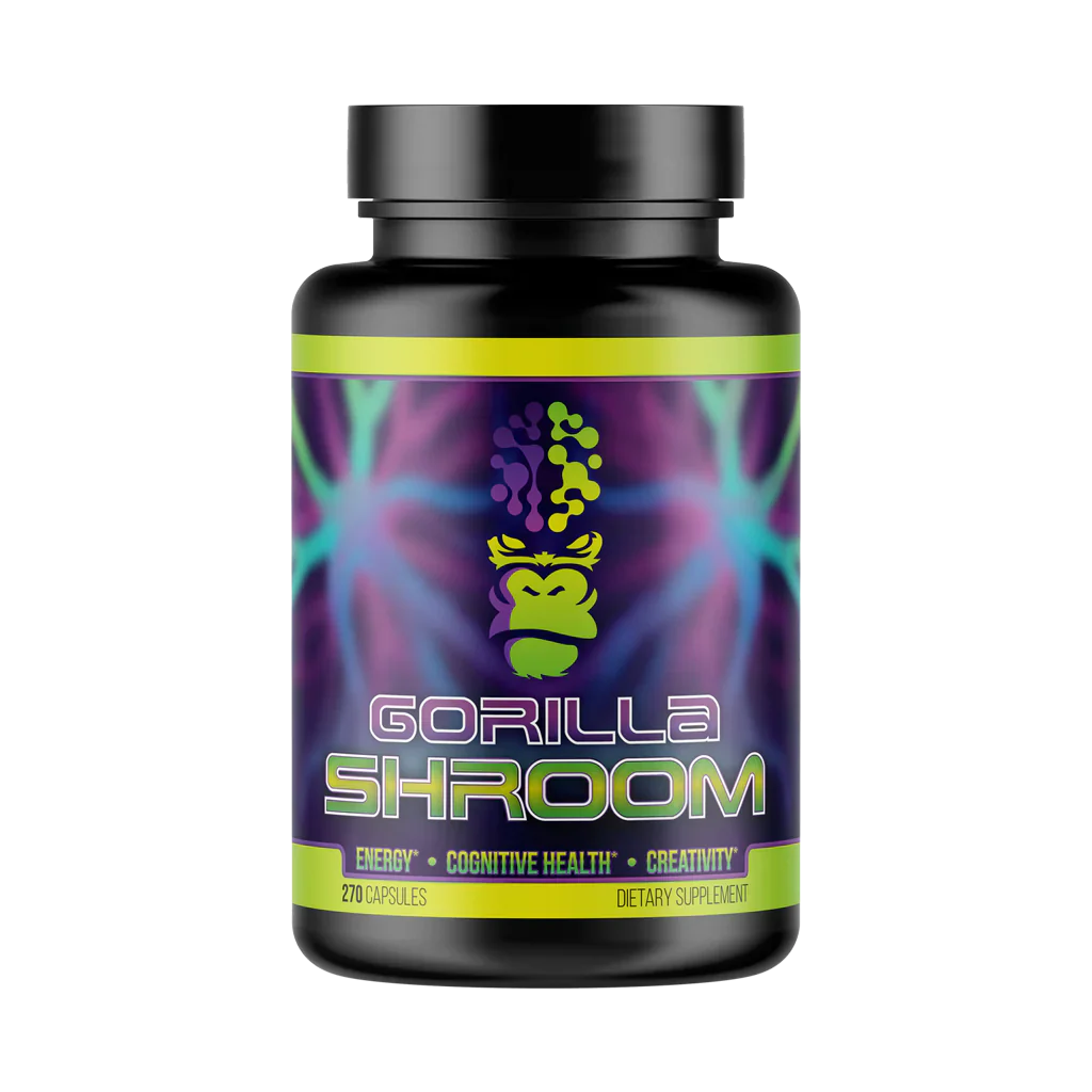 Gorilla Shroom supplement bottle with colorful label on a white background