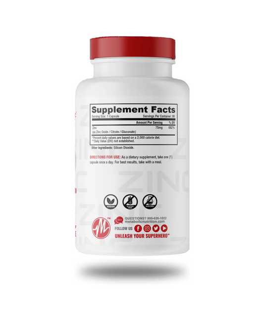 Metabolic Nutrition Zinc Mineral Capsules 90 Servings Supplement Facts - Zinc 75mg | Svpplements