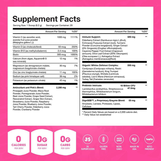 Obvi Superfood Pinks Wellness Drink Mix Powder 20 Servings Supplement Facts - Vitamin C 1000mg | Svpplements