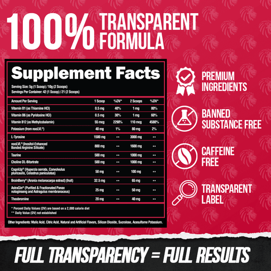 Alpha Lion SuperHuman Focus Nootropic Powder 42 Servings Supplement Facts - L-Tyrosine 1500mg / 3000mg | Svpplements
