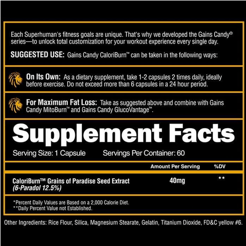 Alpha Lion Gains Candy CaloriBurn GP Fat Burner Capsules 60 Servings Supplement Facts - CaloriBurn GP® 40mg | Svpplements