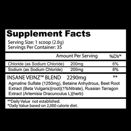 Insane Labz Insane Veinz Pump Powder 35 Servings Supplement Facts - Agmatine Sulfate 1250mg | Svpplements