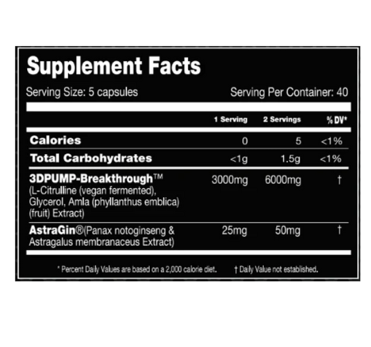 Performax 3D Pump Pump Support Capsules 40 Servings Supplement Facts - Multi-pathway pump support in capsules | Svpplements