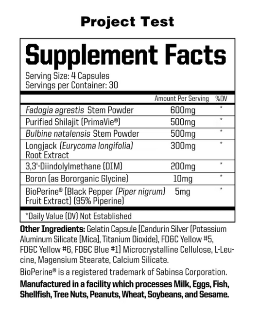 Project Test Hormone Support Capsules 30 Servings Supplement Facts - Fadogia agrestis Stem Extract 600mg | Svpplements