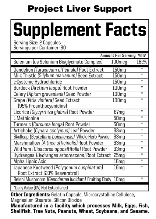Project Liver Support Liver Support Capsules 30 Servings Supplement Facts - Selenium 100mcg | Svpplements
