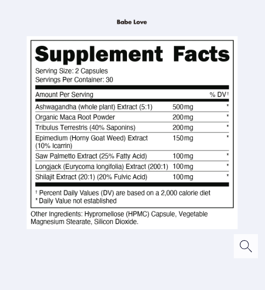 Bucked Up Babe Love Pre-Workout Capsules 30 Servings Supplement Facts - Vitamin B12 100mcg | Svpplements