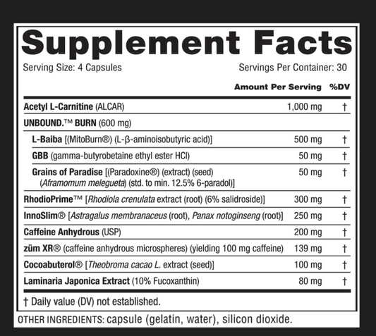 UNBOUND UNLOCK Fat Burner Capsules 30 Servings Supplement Facts - Acetyl L-Carnitine 1000mg | Svpplements