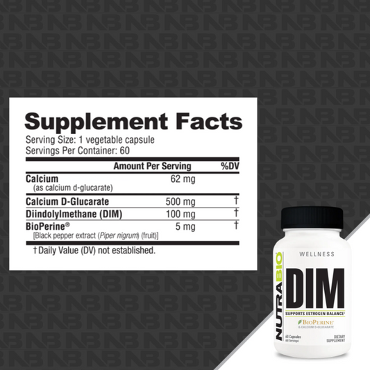 NutraBio DIM Hormone Support Capsules 60 Servings Supplement Facts - Diindolylmethane 100mg | Svpplements