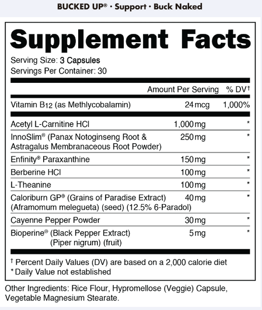Bucked Up Buck Naked Fat Burner Capsules 30 Servings Supplement Facts - Acetyl L-Carnitine HCl 1000mg | Svpplements