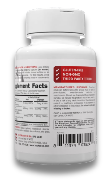 Bucked Up ZMA Mineral Recovery Supplement Capsules 30 Servings Supplement Facts - Magnesium 450mg | Svpplements