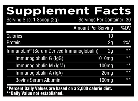Unmatched Immune IgG Gut-Immune Support Powder 30 Servings Supplement Facts - ImmunoLin® 2,000mg | Svpplements