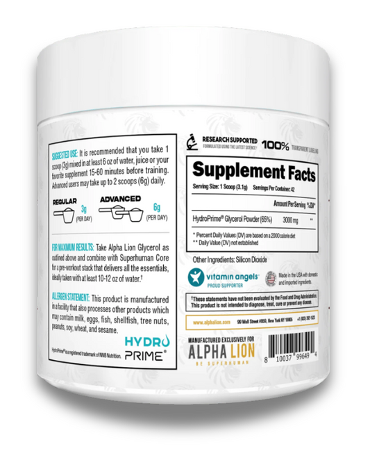 Alpha Lion Glycerol Pump Powder 42 Servings Supplement Facts - HydroPrime® Glycerol Powder (65%) 3000mg | Svpplements