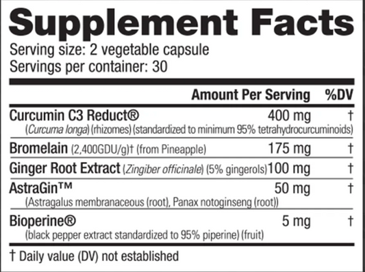 NutraBio Curcumin Advanced Joint Support Capsules 30 Servings Supplement Facts - Curcumin C3 Reduct 400mg | Svpplements