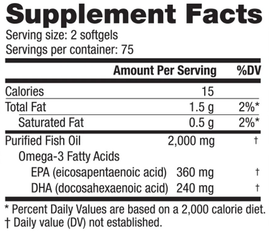 NutraBio Omega-3 Fish Oil Softgels 250 Servings Supplement Facts - Fish Oil, Purified 2000 mg | Svpplements