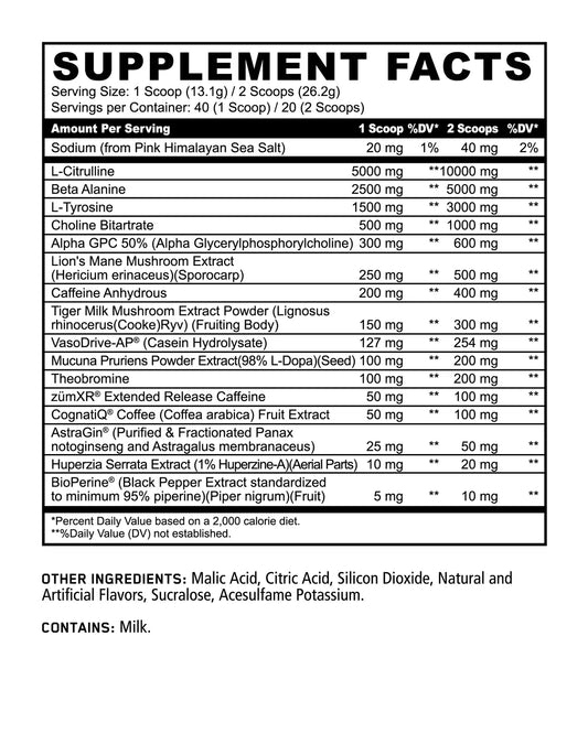 Panda Supps Skull Limited Edition Hybrid Pre-Workout Powder 40 Servings Supplement Facts - L-Citrulline 5000mg | Svpplements
