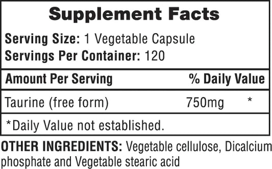 Hi-Tech Taurine 750 Amino Capsules 120 Servings Supplement Facts - Taurine 750mg | Svpplements