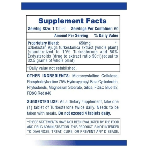 Hi-Tech Pharmaceuticals Turkesterone 650 Hormone Support Capsules 60 Servings Supplement Facts - Ajuga | Svpplements