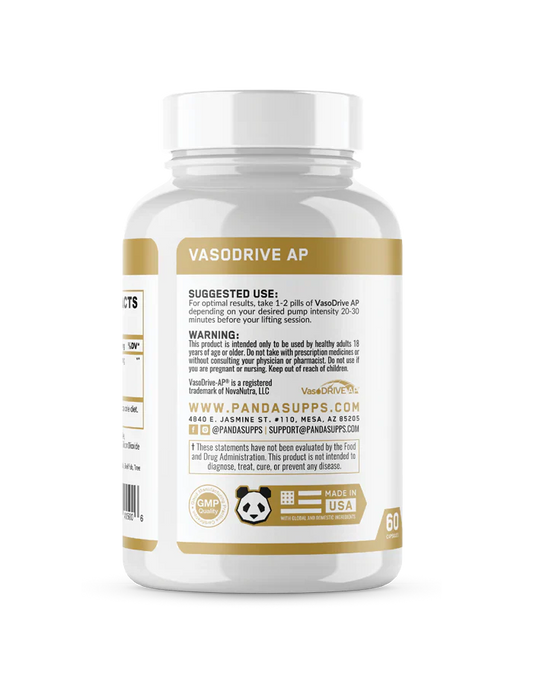Panda Supps Vasodrive AP Pump Support 30 Servings Supplement Facts - VasoDrive-AP® 508mg | Svpplements