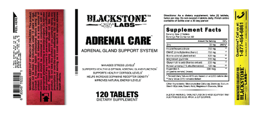Blackstone Labs Adrenal Care Hormone Support Capsules 60 Servings Supplement Facts - Zinc 30mg | Svpplements