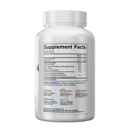 Core Nutritionals Hair Skin Nails Supplement Capsules 30 Servings Supplement Facts - Biotin 5000mcg | Svpplements