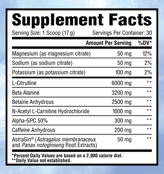 Core Nutritionals Essential Pre-Workout Powder 30 Servings Supplement Facts - L-Citrulline 6000mg | Svpplements