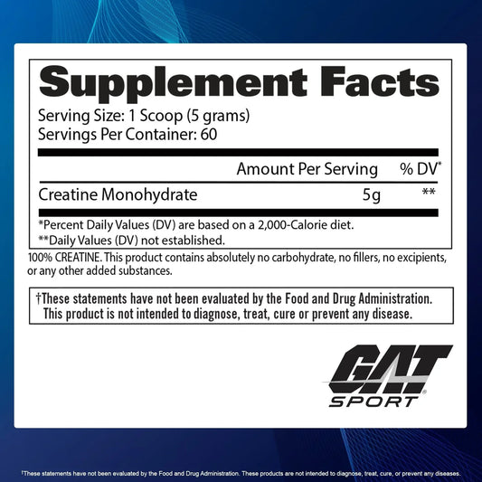 GAT Sport Creatine Monohydrate Powder 60 Servings Supplement Facts - Creatine Monohydrate 5g | Svpplements