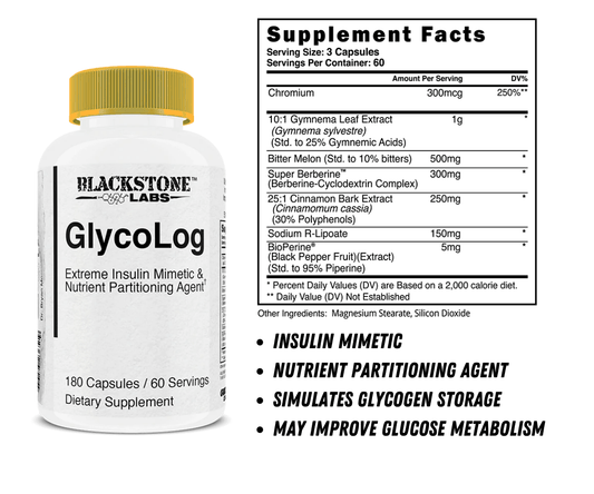 Blackstone Labs Glycolog Glucose Disposal Agent Capsules 60 Servings Supplement Facts - Chromium 300mcg | Svpplements