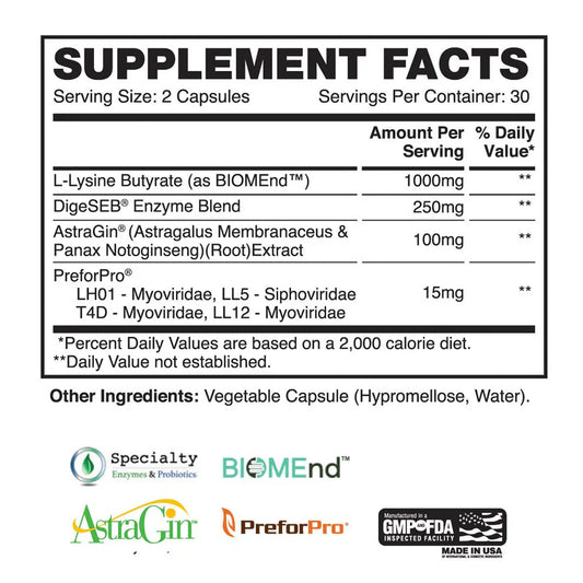 Apollon Gut Glory Prebiotic Postbiotic Synbiotic Gut Support 30 Servings Supplement Facts - L-Lysine Butyrate | Svpplements