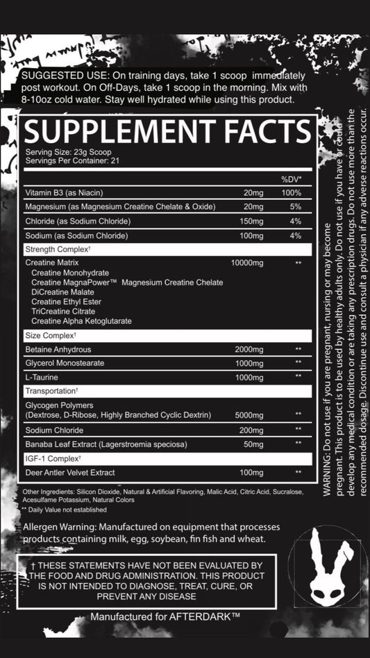 Afterdark Creation Creatine Matrix Powder 21 Servings Supplement Facts - Creatine Matrix 10,000mg | Svpplements