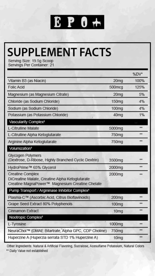 Afterdark EPO Neural Pump Stim-Free Pre-Workout Powder 21 Servings Supplement Facts - L-Citrulline Malate | Svpplements