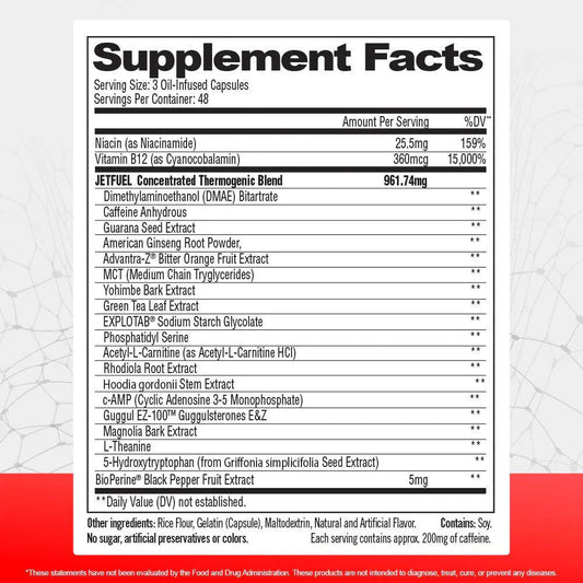 GAT Sport Jet Fuel Original Fat Burner Capsules 48 Servings Supplement Facts - Niacin as Niacinamide 25.5mg | Svpplements