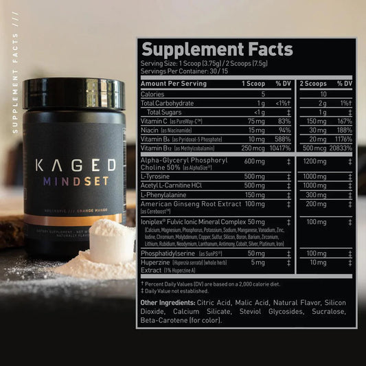 Kaged Mindset Nootropic Capsules 30 Servings Supplement Facts - Alpha-Glyceryl Phosphoryl Choline 50% | Svpplements