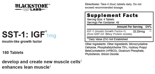 Blackstone Labs SST-1 GH Hormone Support Tablets 45 Servings Supplement Facts - IGF-1 22.25mcg | Svpplements
