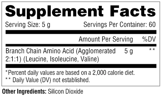 Metabolic Nutrition BCAA Unflavored Amino Powder 60 Servings Supplement Facts - Branch Chain Amino Acids 5 g | Svpplements