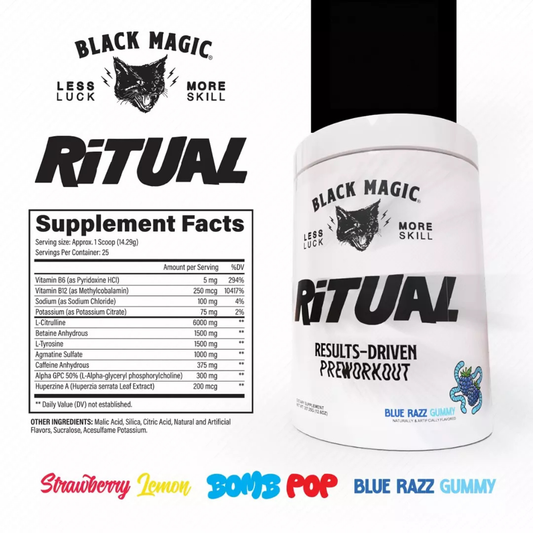 Black Magic Ritual High-Stim Pre-Workout Powder 25 Servings Supplement Facts - L-Citrulline 6000mg | Svpplements