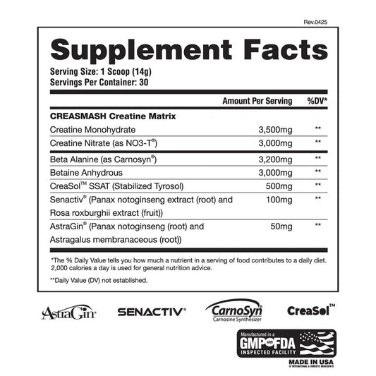 Apollon CreaSmash Premium Creatine Nitrate Strength Formula Powder 30 Servings Supplement Facts - Creatine | Svpplements