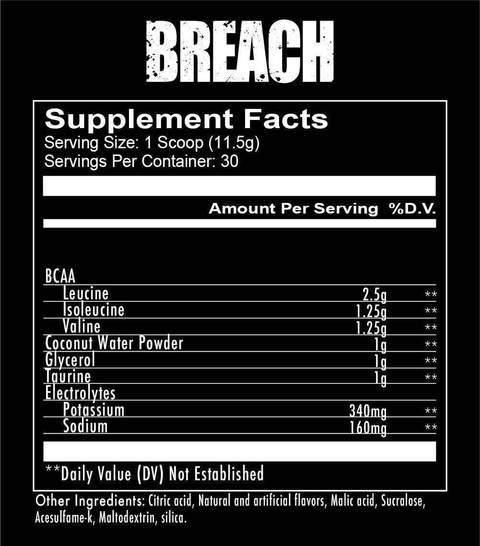 REDCON1 Breach Branched Chain Amino Acids Powder 30 Servings Supplement Facts - L-Leucine 2.5g | Svpplements
